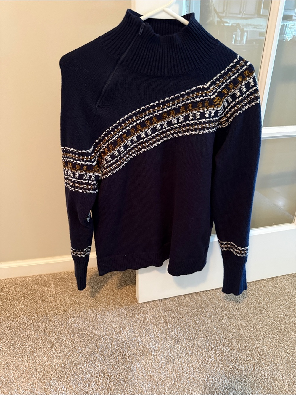 CAbi Navy Cowl Neck Sweater with White & Gold Fair Isle Trim